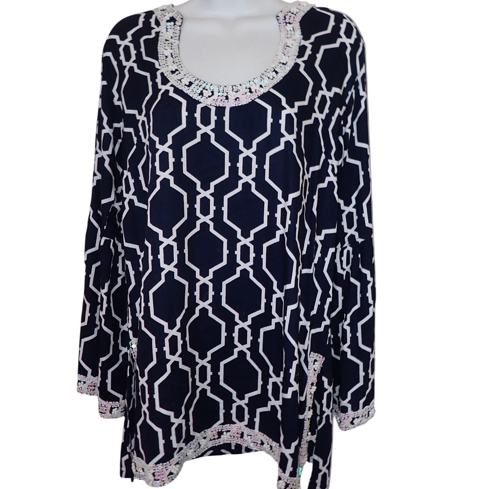 Escapada Navy White‎ Geometric Print Beaded Neckline Tunic Top Women's Medium